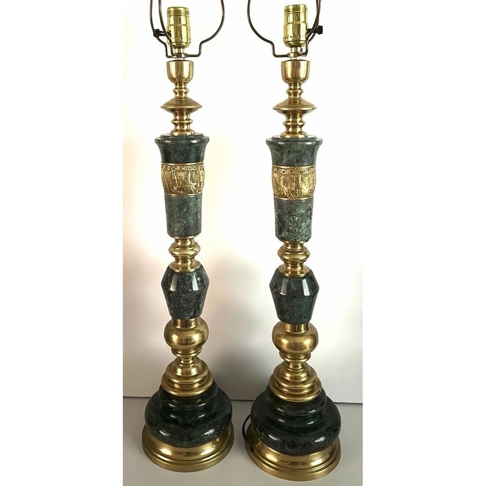 Vintage Pair Brass Green Marble Table Lamps James Mont Mid Century Style 35"